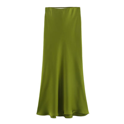 Satin Skirt - Women's High Waist Silk Satin Midi Skirt-Fashion Nora