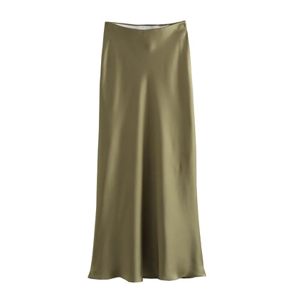 Satin Skirt - Women's High Waist Silk Satin Midi Skirt-Fashion Nora