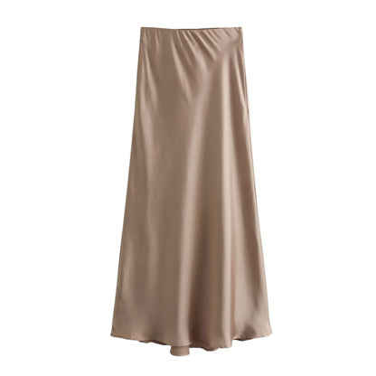 Satin Skirt - Women's High Waist Silk Satin Midi Skirt-Fashion Nora