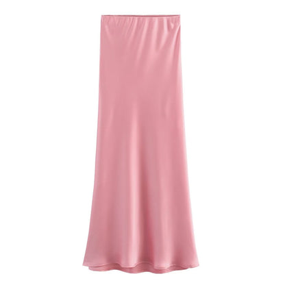 Satin Skirt - Women's High Waist Silk Satin Midi Skirt-Fashion Nora