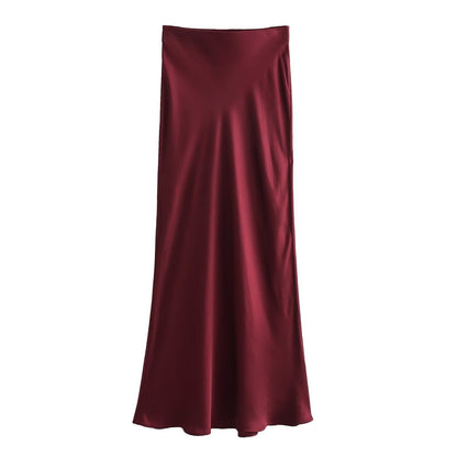 Satin Skirt - Women's High Waist Silk Satin Midi Skirt-Fashion Nora