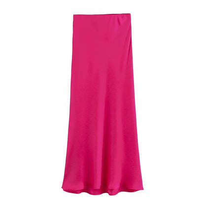 Satin Skirt - Women's High Waist Silk Satin Midi Skirt-Fashion Nora