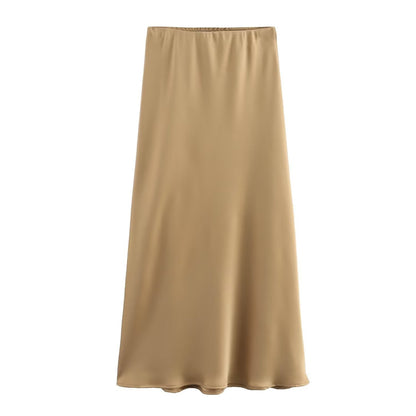 Satin Skirt - Women's High Waist Silk Satin Midi Skirt-Fashion Nora