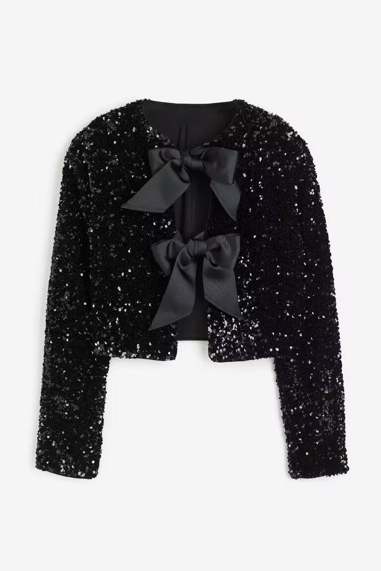 Sequin Top - Long Sleeve - Tie Front - Glitter Blouse - Women's Blouse-Fashion Nora