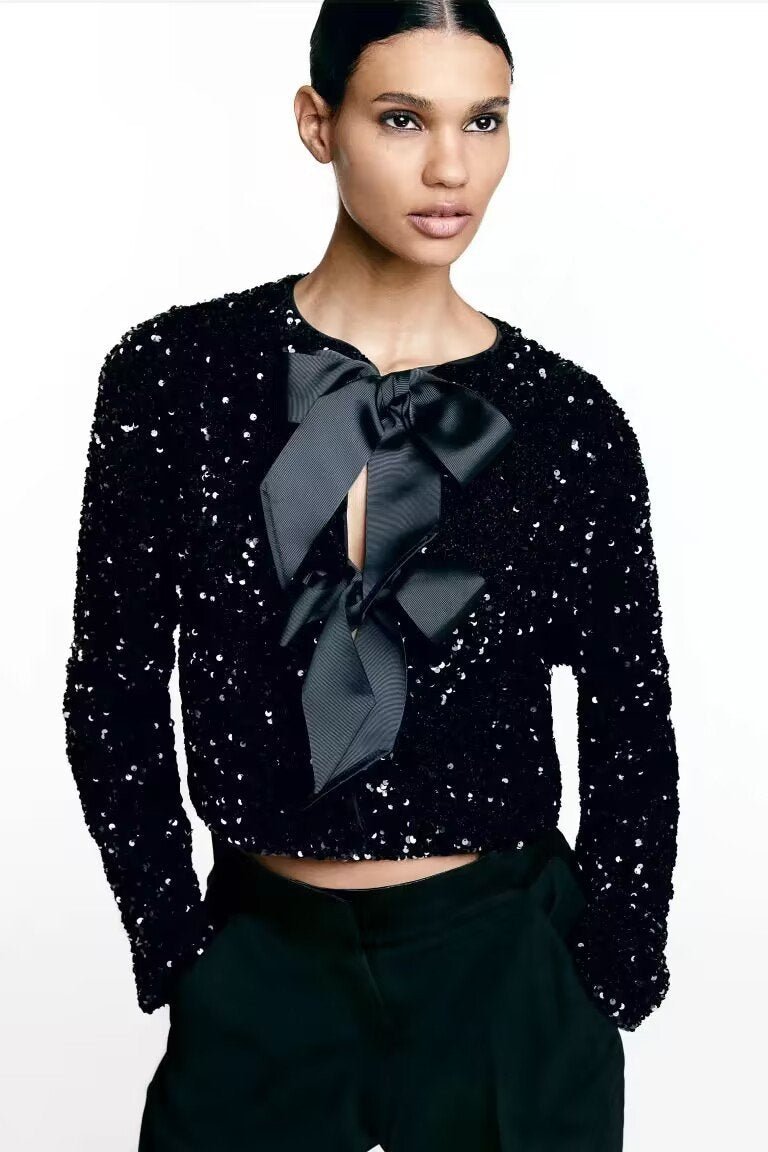 Sequin Top - Long Sleeve - Tie Front - Glitter Blouse - Women's Blouse-Fashion Nora