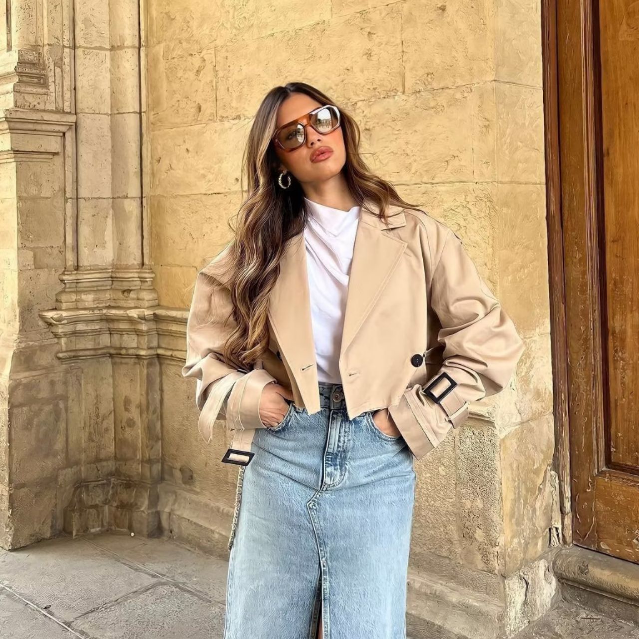 Short Trench Jacket - Belt - Double Breasted - Short Trench Coat - Women's Jacket-Fashion Nora