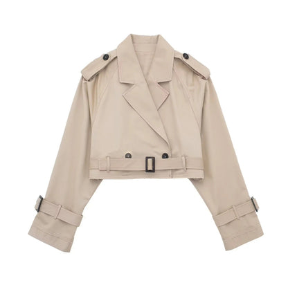 Short Trench Jacket - Belt - Double Breasted - Short Trench Coat - Women's Jacket-Fashion Nora
