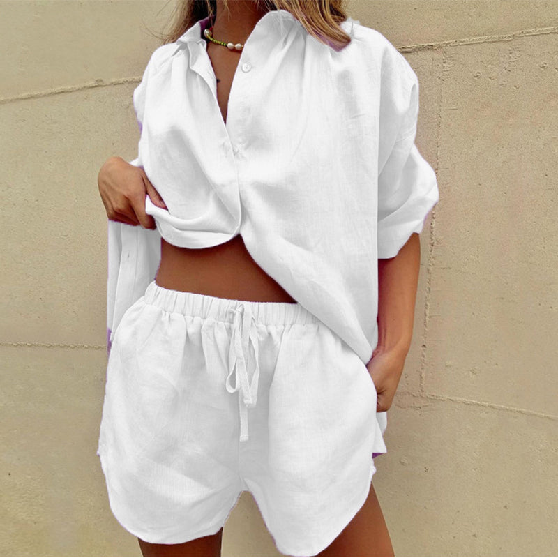 Shorts and Shirt Set | Button-Up | Loose Fit | Linen Co-Ord Set | 2 Piece Sets Women-Fashion Nora