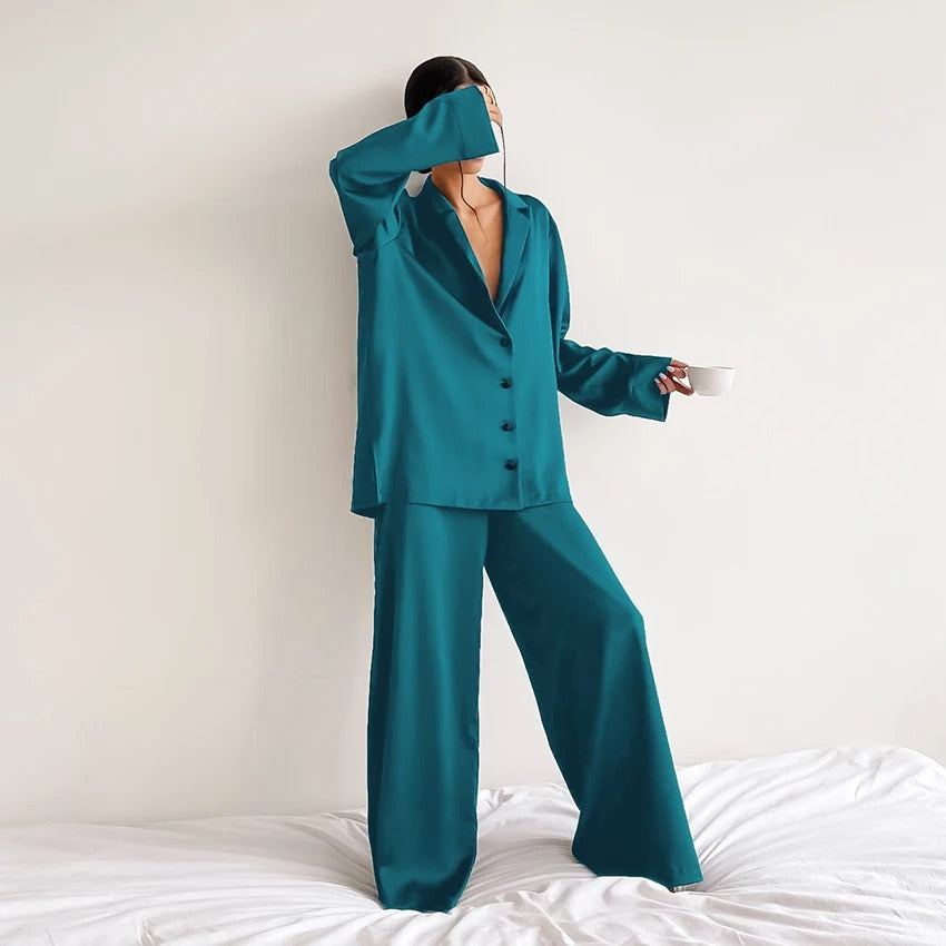 Silky Pajama Set - Oversized - Long Sleeve - Satin Pajama Set - Women's Sleepwear-Fashion Nora