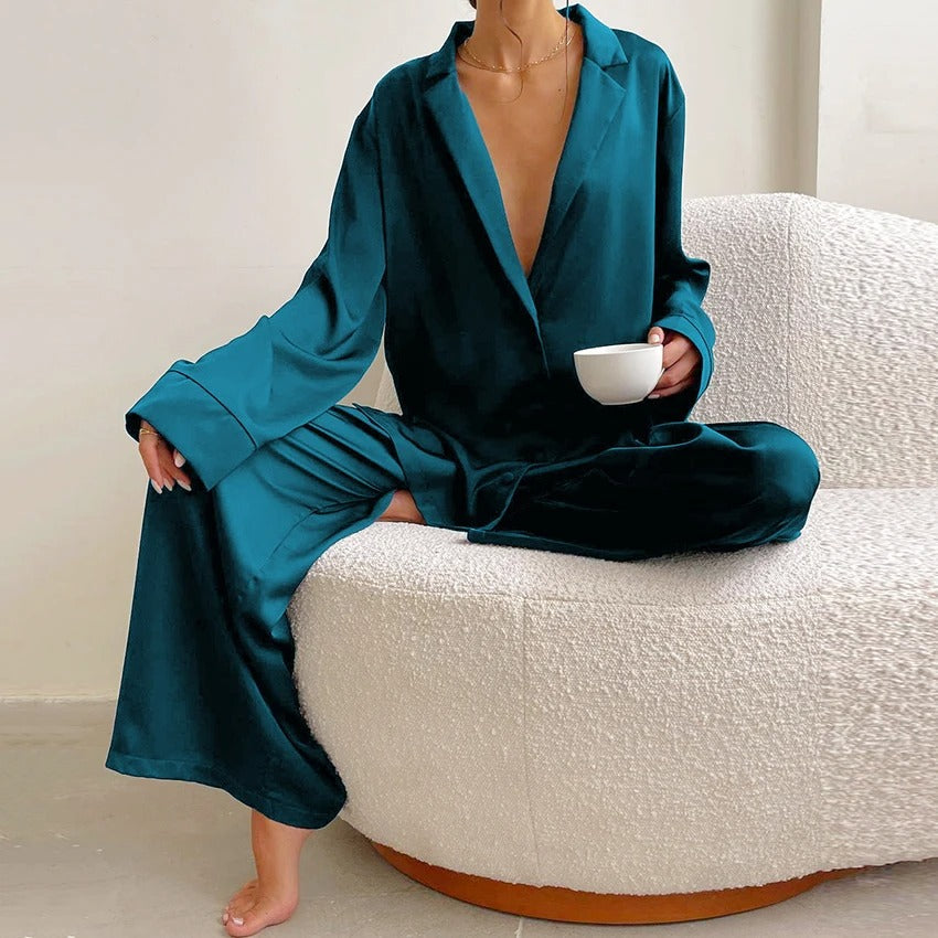 Silky Pajama Set - Oversized - Long Sleeve - Satin Pajama Set - Women's Sleepwear-Fashion Nora