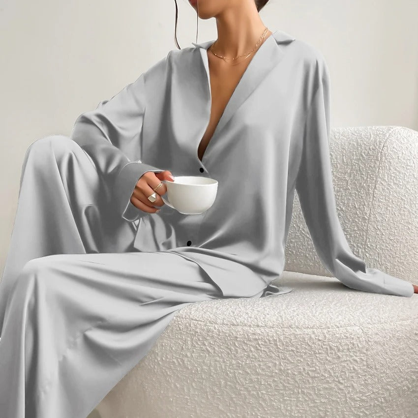 Silky Pajama Set - Oversized - Long Sleeve - Satin Pajama Set - Women's Sleepwear-Fashion Nora