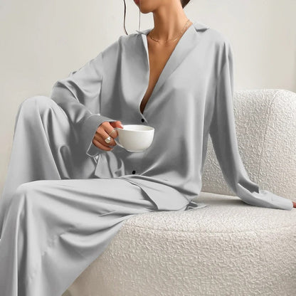 Silky Pajama Set - Oversized - Long Sleeve - Satin Pajama Set - Women's Sleepwear-Fashion Nora