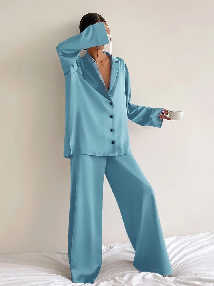 Silky Pajama Set - Oversized - Long Sleeve - Satin Pajama Set - Women's Sleepwear-Fashion Nora