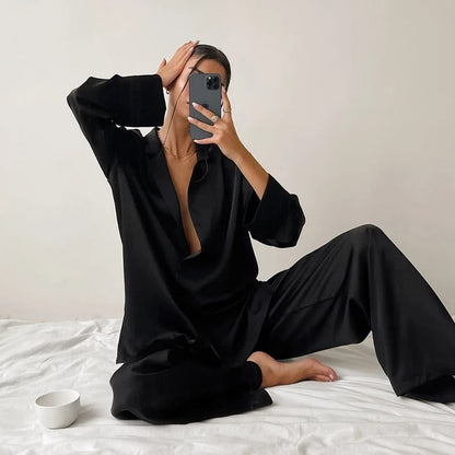 Silky Pajama Set - Oversized - Long Sleeve - Satin Pajama Set - Women's Sleepwear-Fashion Nora