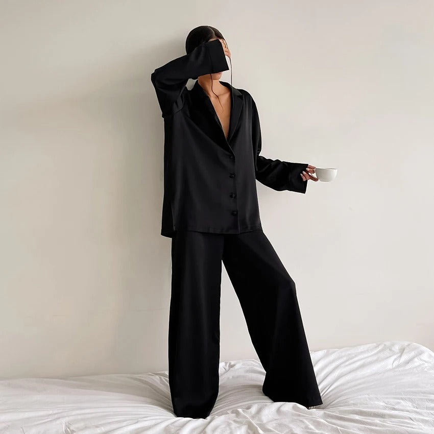 Silky Pajama Set - Oversized - Long Sleeve - Satin Pajama Set - Women's Sleepwear-Fashion Nora