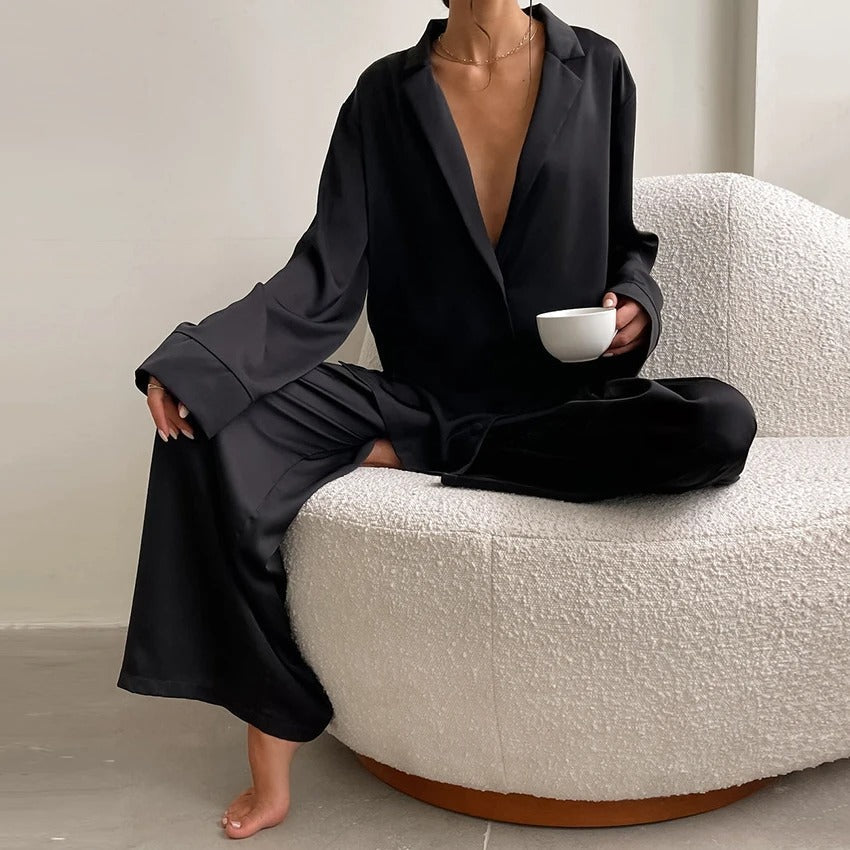 Silky Pajama Set - Oversized - Long Sleeve - Satin Pajama Set - Women's Sleepwear-Fashion Nora