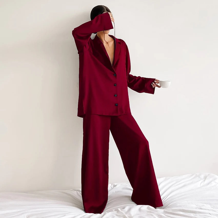 Silky Pajama Set - Oversized - Long Sleeve - Satin Pajama Set - Women's Sleepwear-Fashion Nora