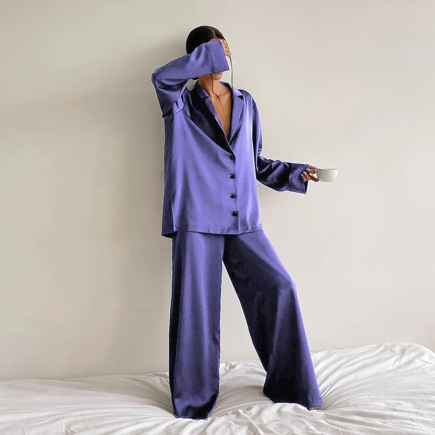 Silky Pajama Set - Oversized - Long Sleeve - Satin Pajama Set - Women's Sleepwear-Fashion Nora