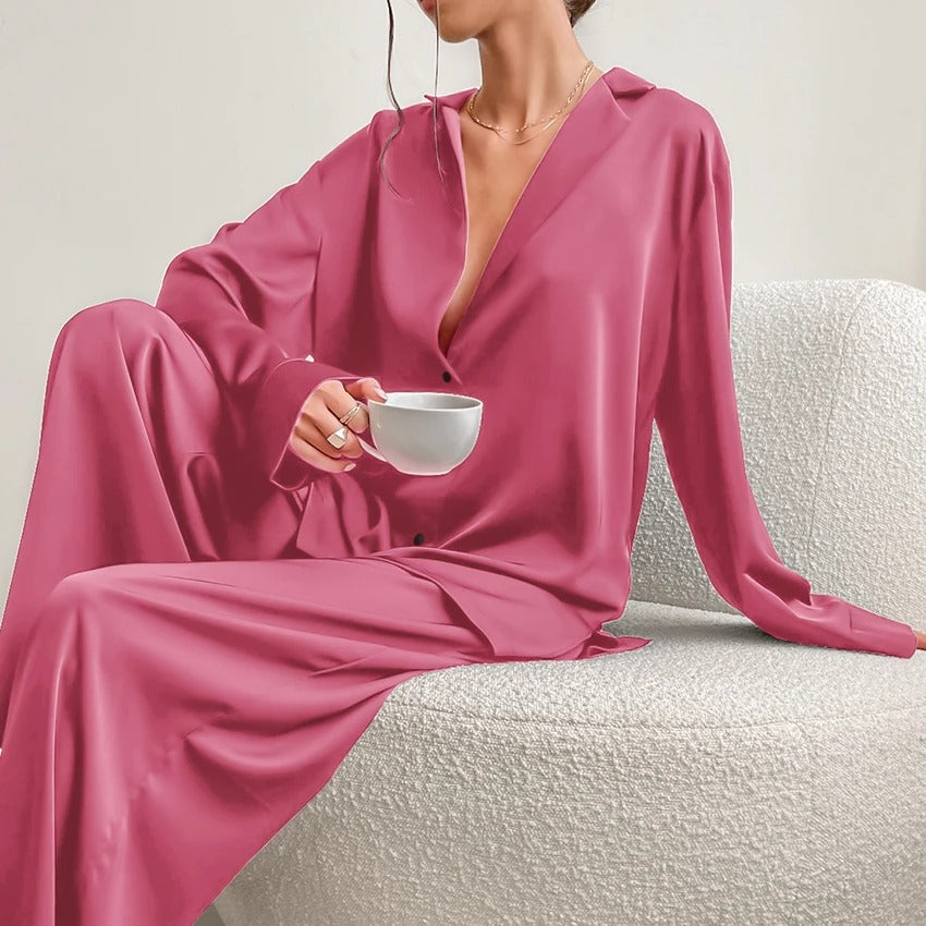 Silky Pajama Set - Oversized - Long Sleeve - Satin Pajama Set - Women's Sleepwear-Fashion Nora