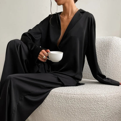 Silky Pajama Set - Oversized - Long Sleeve - Satin Pajama Set - Women's Sleepwear-Fashion Nora