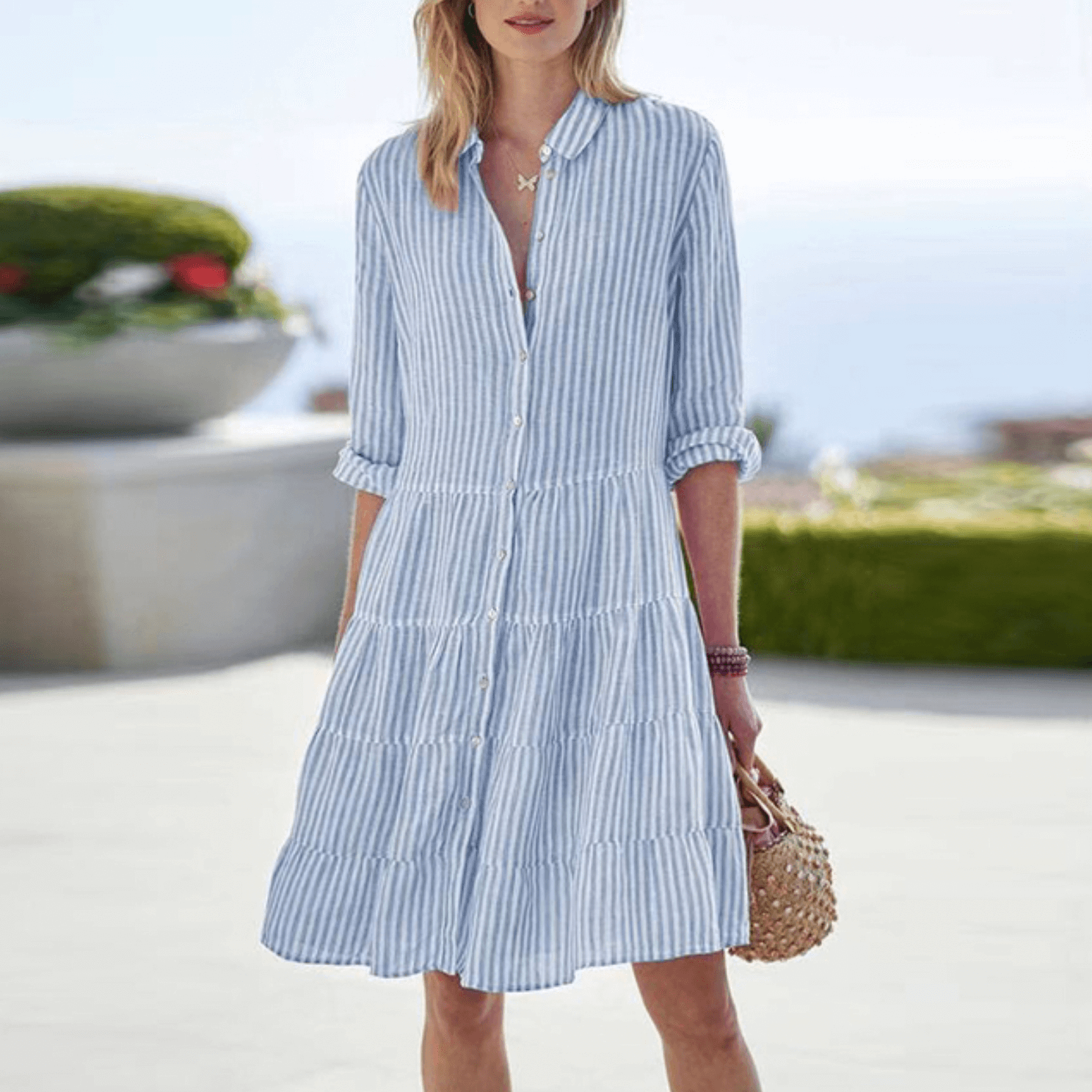 Striped Dress - Women's Collared Long Sleeve Button-Up Summer Dress-Fashion Nora