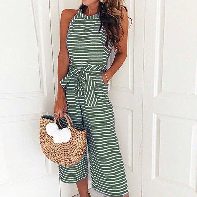 Striped Jumpsuit - Sleeveless - Tie Waist - Wide Leg Jumpsuit - Women's Summer Clothes-Fashion Nora