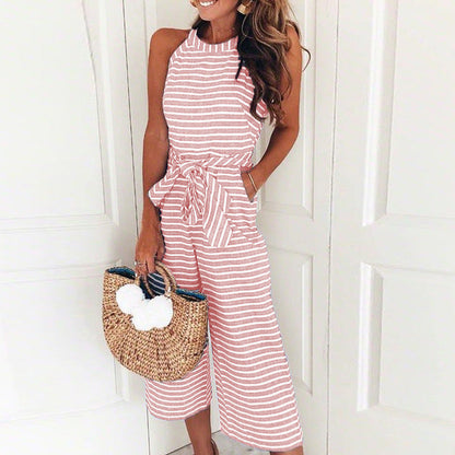 Striped Jumpsuit - Sleeveless - Tie Waist - Wide Leg Jumpsuit - Women's Summer Clothes-Fashion Nora