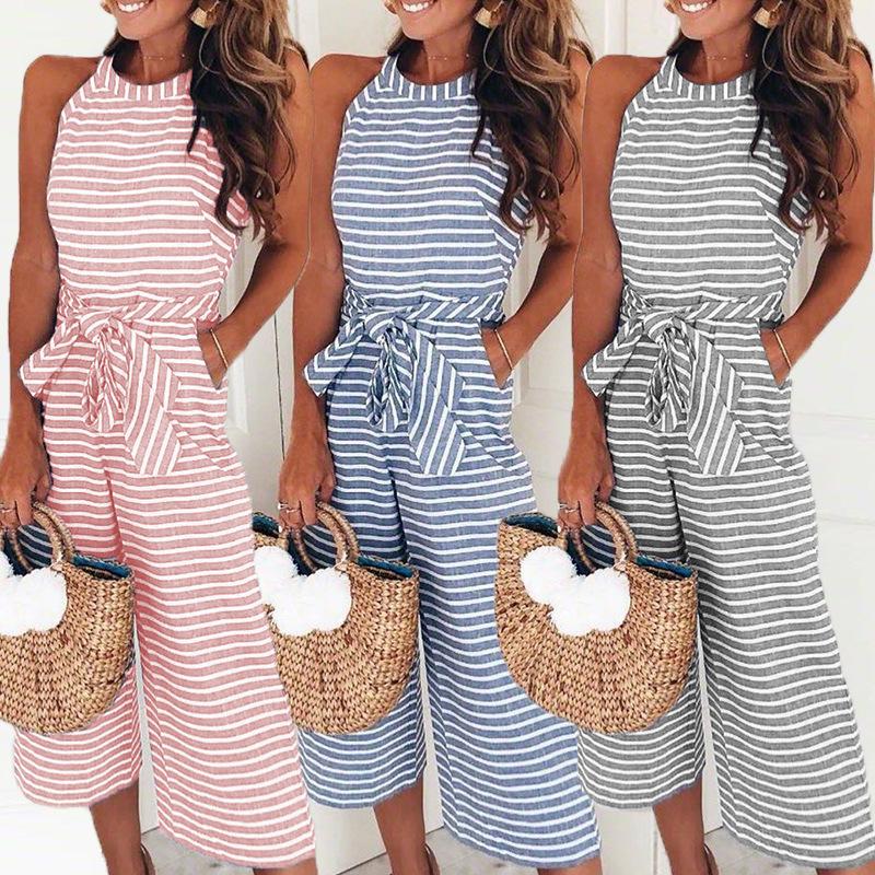 Striped Jumpsuit - Sleeveless - Tie Waist - Wide Leg Jumpsuit - Women's Summer Clothes-Fashion Nora