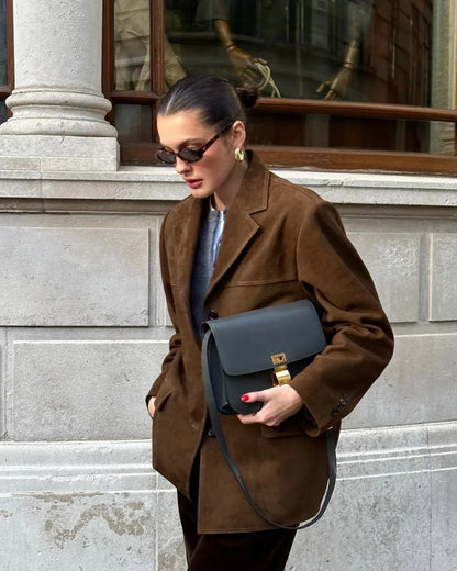 Suede Jacket - Women's Brown Vintage Oversized Suedette Jacket -Fashion Nora