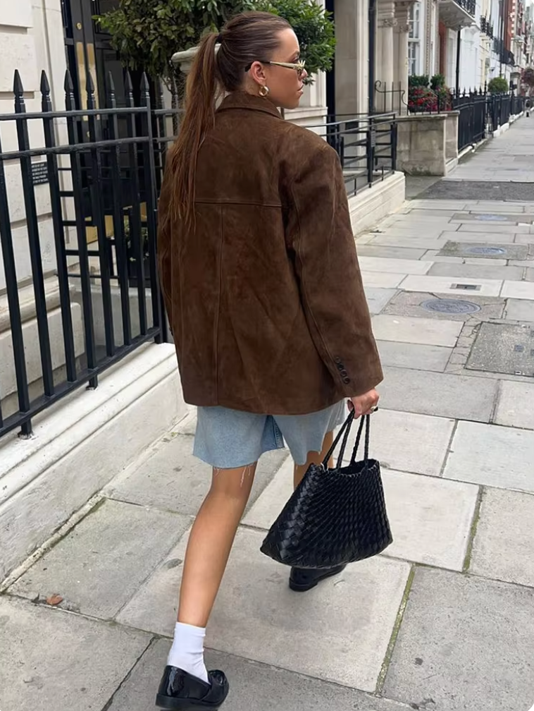Suede Jacket - Women's Brown Vintage Oversized Suedette Jacket -Fashion Nora
