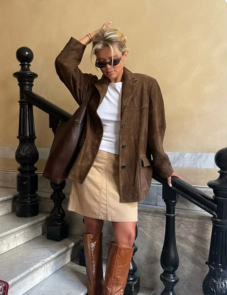 Suede Jacket - Women's Brown Vintage Oversized Suedette Jacket -Fashion Nora