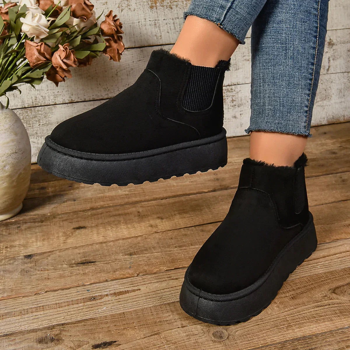 Suedette Boots | Fur Lined | Slip-On | Ankle Boots | Winter Boots Women-Fashion Nora