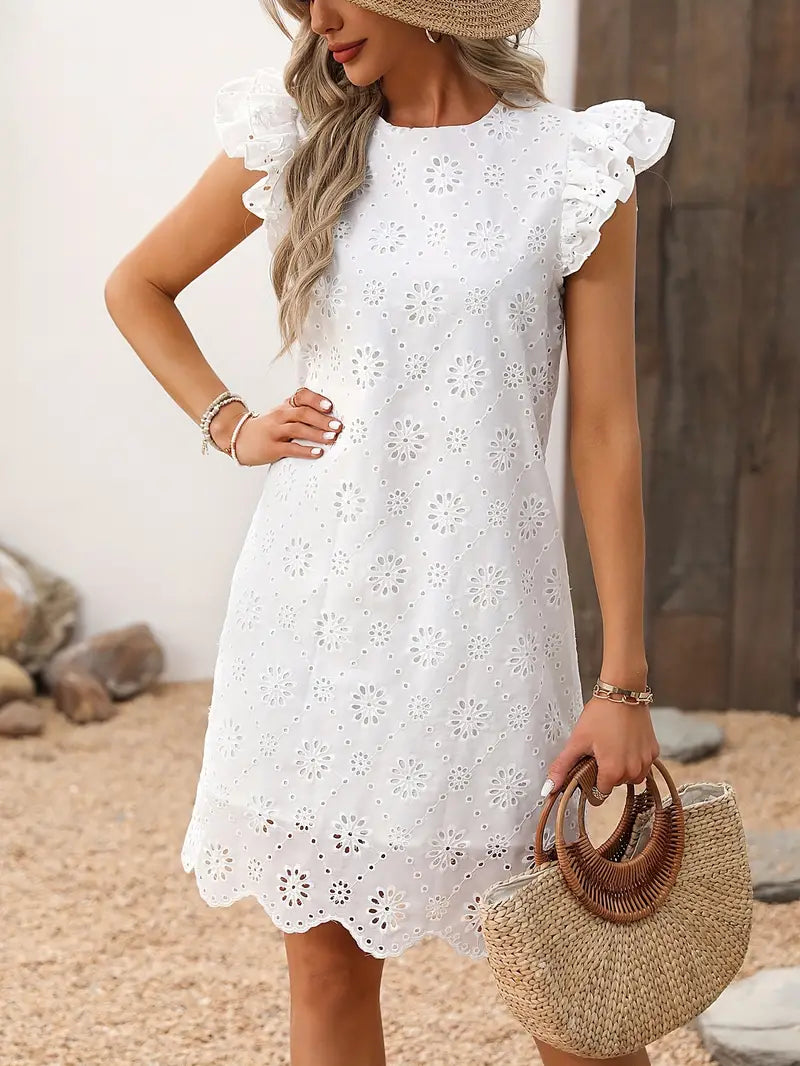 Summer Dress, Butterfly Sleeve, Eyelet, White Dress, Sundresses-Fashion Nora