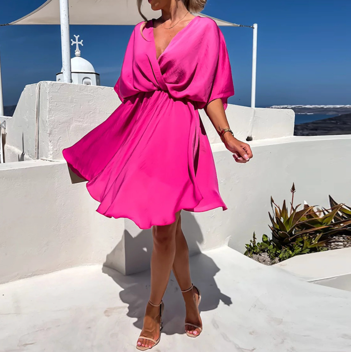 Summer Dress - Elegant Short Sleeve Deep V-Neck Flowy Sundress-Fashion Nora