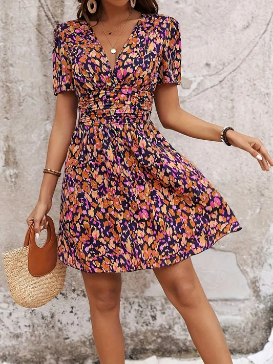 Summer Dress - Floral - Short Sleeve - Mini Dress - Sundress-Fashion Nora