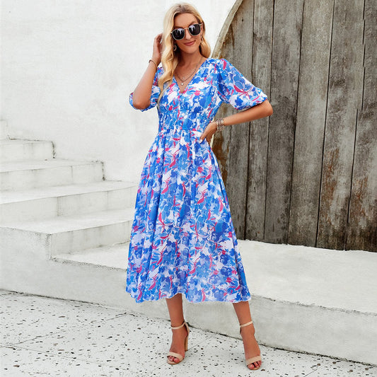 Summer Dress - Flowy Floral Puff Sleeve V-Neck Midi Sundress-Fashion Nora