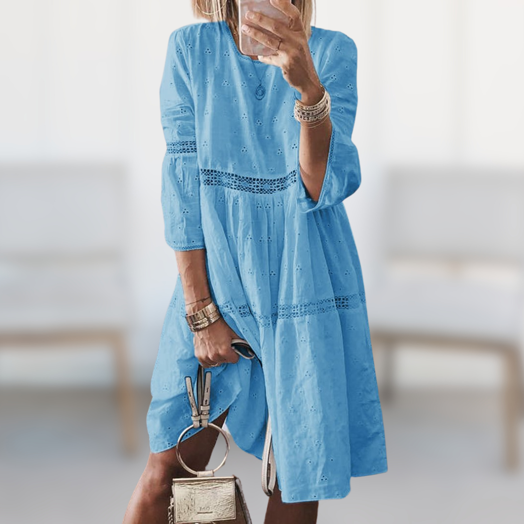 Summer Dress - Loose Fit Long sleeve Lace Knee Length Dress-Fashion Nora