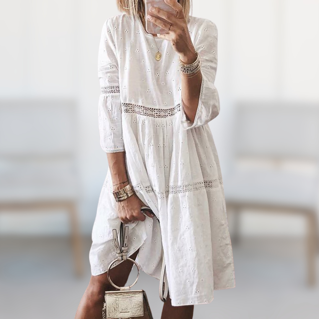 Summer Dress - Loose Fit Long sleeve Lace Knee Length Dress-Fashion Nora