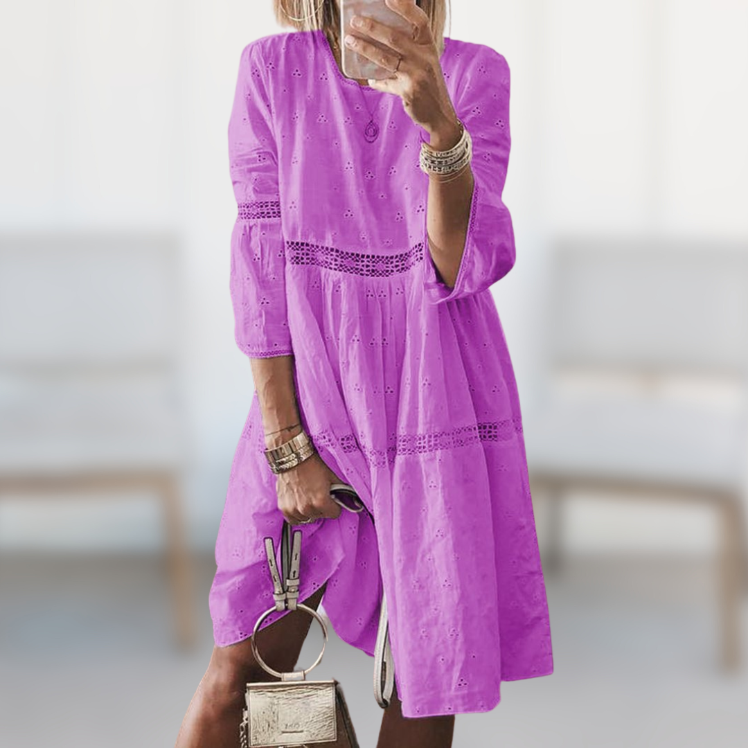 Summer Dress - Loose Fit Long sleeve Lace Knee Length Dress-Fashion Nora