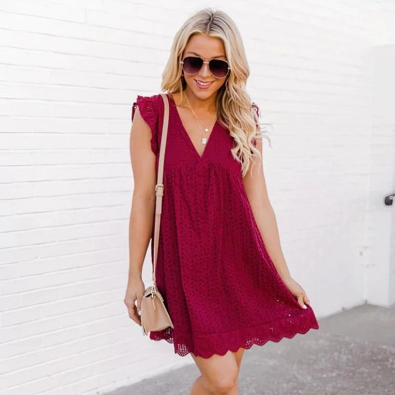 Summer Dress - Loose Fit V-Neck Ruffle Sleeve Mini Dress-Fashion Nora