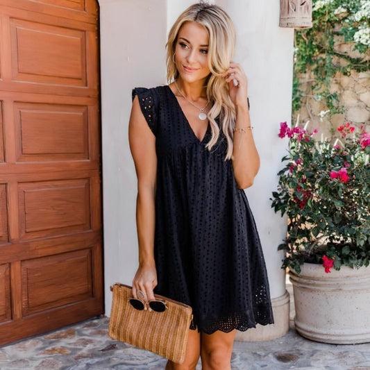 Summer Dress - Loose Fit V-Neck Ruffle Sleeve Mini Dress-Fashion Nora