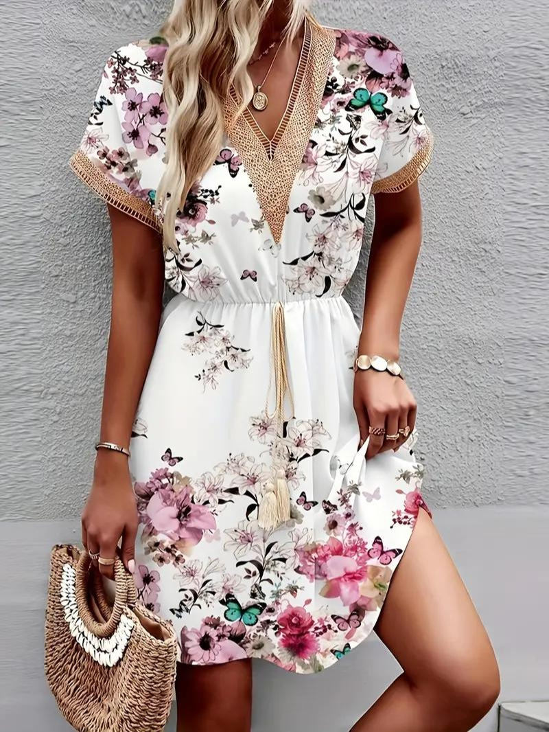 Summer Dress - Short Sleeve - V Neck - Boho Dress - Sundresses-Fashion Nora