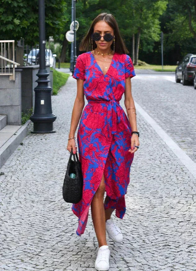 Summer Dress | Short Sleeve | V-Neck | Wrap Dress | Maxi Dress-Fashion Nora