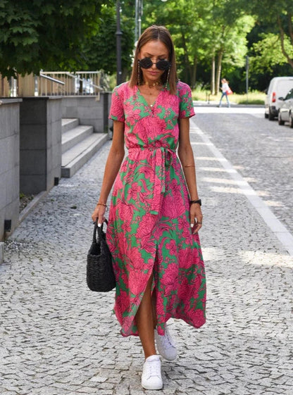 Summer Dress | Short Sleeve | V-Neck | Wrap Dress | Maxi Dress-Fashion Nora