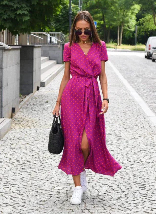 Summer Dress | Short Sleeve | V-Neck | Wrap Dress | Maxi Dress-Fashion Nora