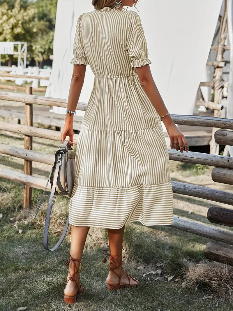 Summer Dress, Striped, Half Sleeve, Midi Dress, Sundresses-Fashion Nora