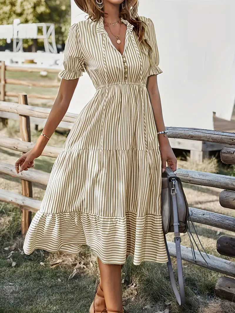 Summer Dress, Striped, Half Sleeve, Midi Dress, Sundresses-Fashion Nora