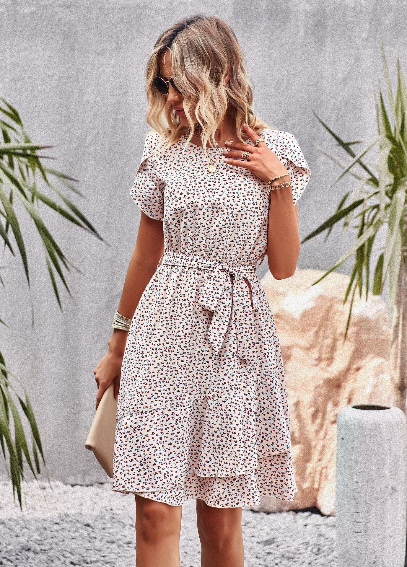 Summer Dress | Tie Waist | Short Sleeve | Knee Length Dress | Casual Dress-Fashion Nora