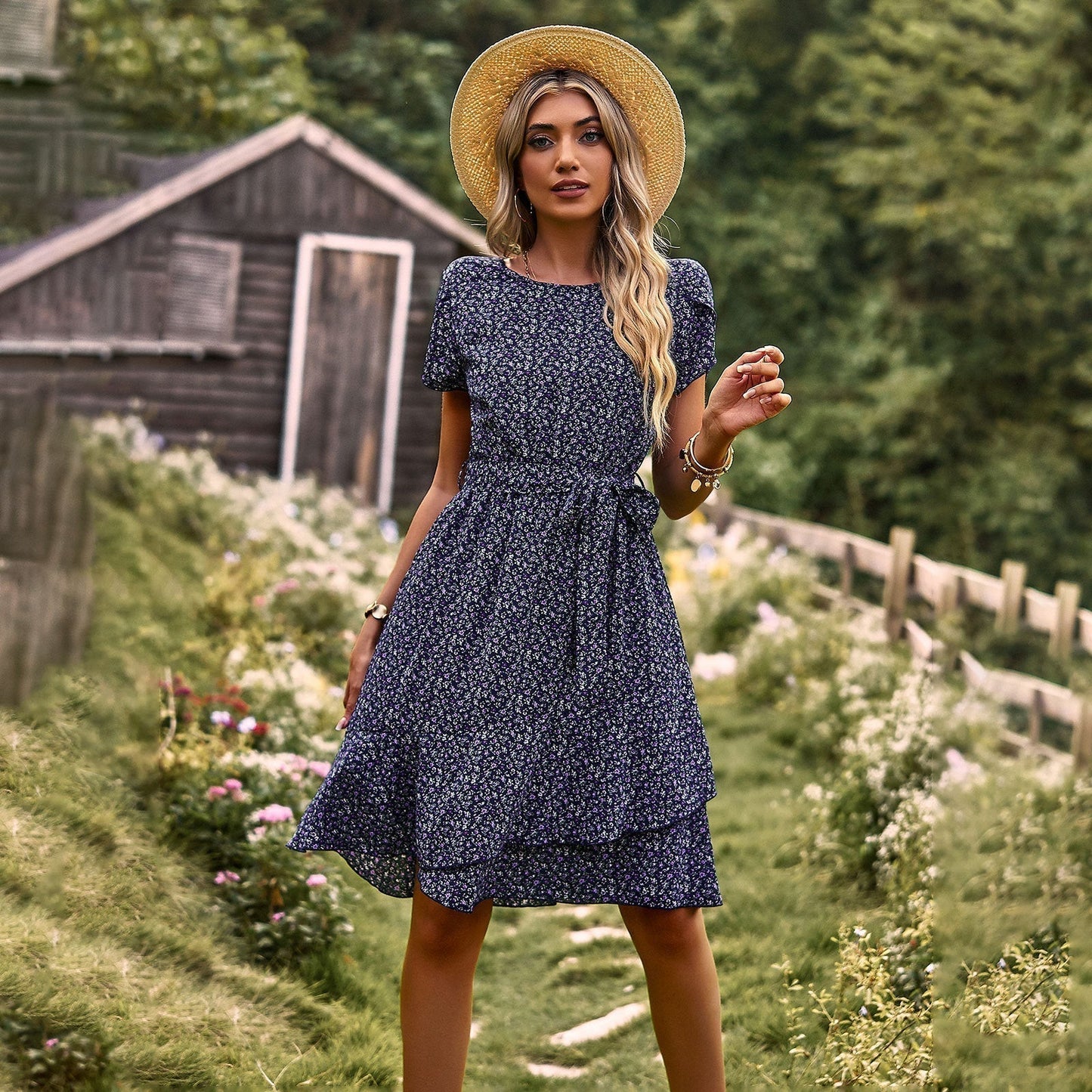 Summer Dress | Tie Waist | Short Sleeve | Knee Length Dress | Casual Dress-Fashion Nora
