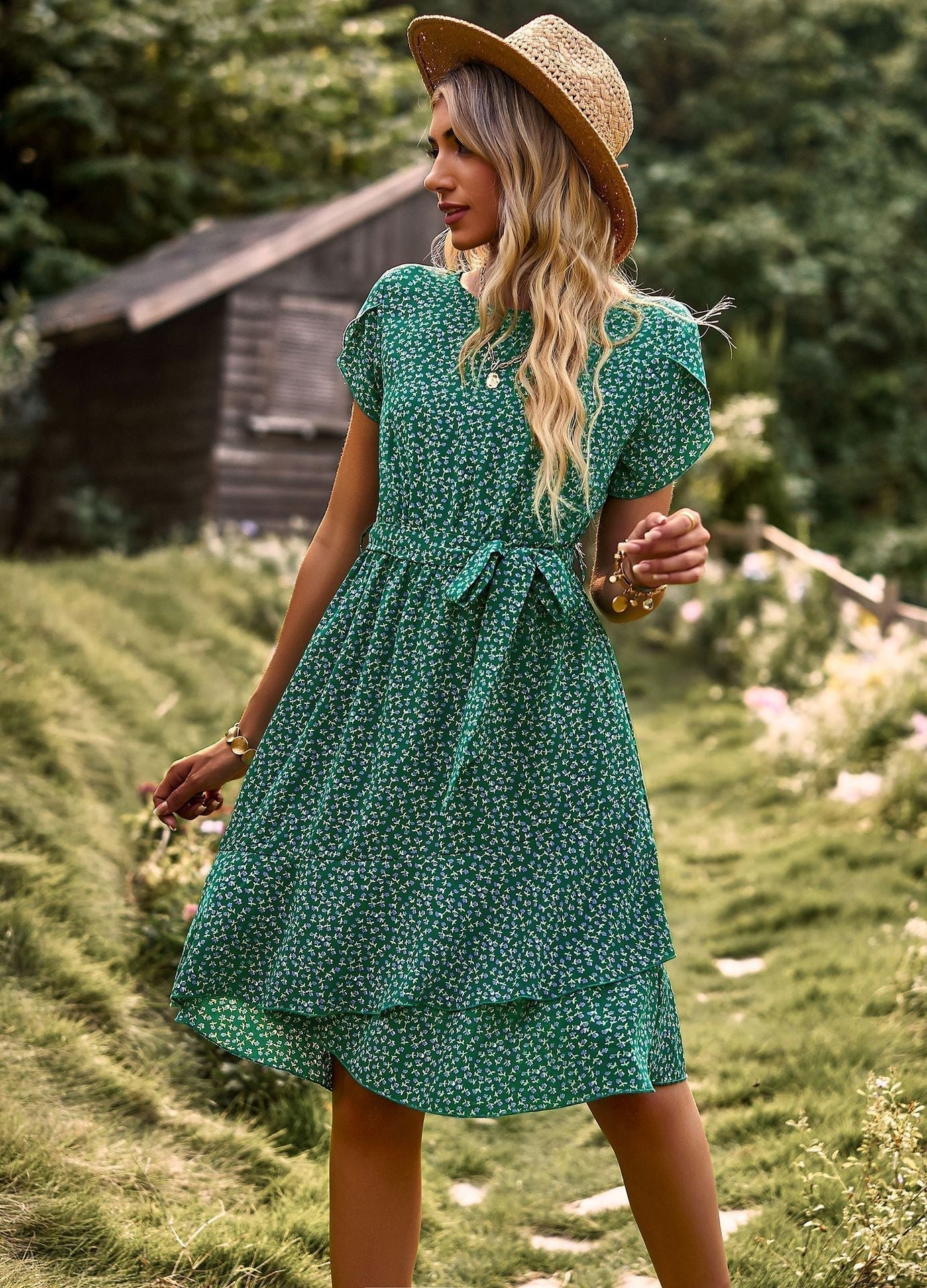 Summer Dress | Tie Waist | Short Sleeve | Knee Length Dress | Casual Dress-Fashion Nora